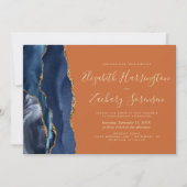 Invitation Mariage Code QR Bleu Nuit Agate Or Brûlé Orange (Devant)