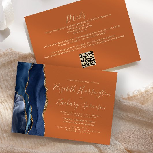 Invitation Mariage Code QR Bleu Nuit Agate Or Brûlé Orange