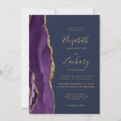Invitation Mariage Code QR Bleu Nuit Agate Or Violet (Devant)