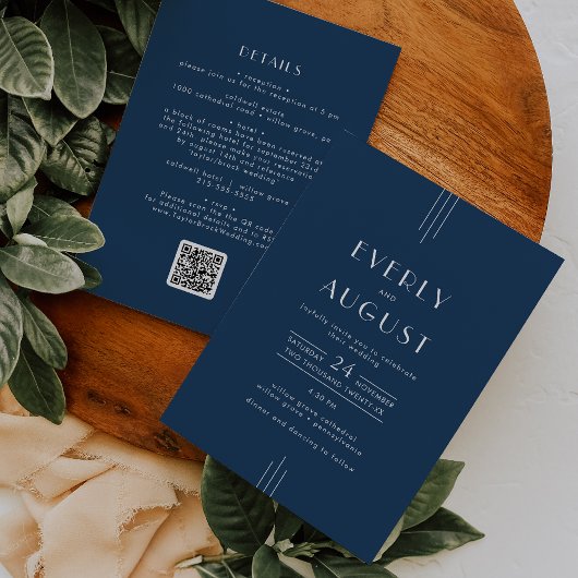 Invitation Mariage Code QR Bleu Nuit Art Déco Classique EVERL