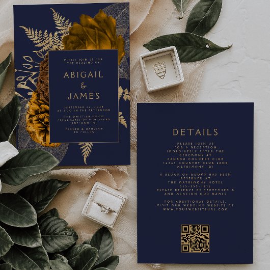 Invitation Mariage Code QR Bleu Nuit Fleur Or Doré Orange Brû