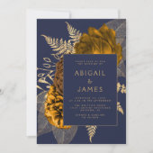 Invitation Mariage Code QR Bleu Nuit Fleur Or Doré Orange Brû (Devant)