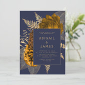 Invitation Mariage Code QR Bleu Nuit Fleur Or Doré Orange Brû (Debout devant)