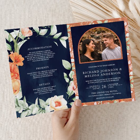 Invitation Mariage Code QR Bleu Nuit Floral Bohème Terreux