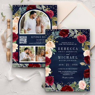 Invitation Mariage Code QR Bleu Nuit Floral Pêche Bourgogne