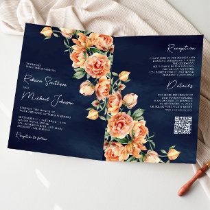 Invitation Mariage Code QR Bleu Nuit Floral Pêche Terreux