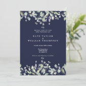 Invitation Mariage Code QR Bleu Nuit Floral Vert Lilas (Debout devant)