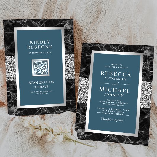 Invitation Mariage Code QR Bleu Poussiéreux Argent Marble Noi
