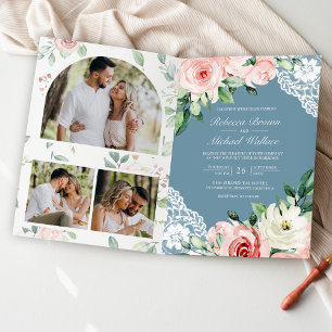 Invitation Mariage Code QR Bleu Poussiéreux en Dentelle Flora