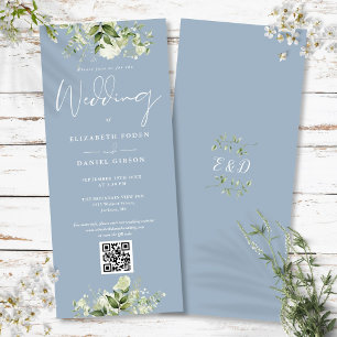 Invitation Mariage Code QR Bleu Poussiéreux Fleurs Vertes