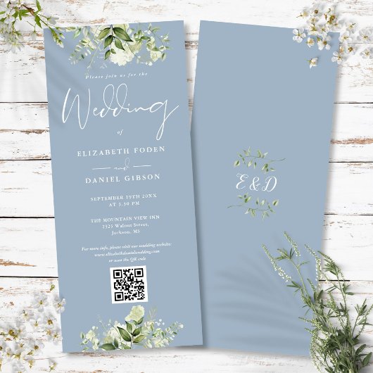 Invitation Mariage Code QR Bleu Poussiéreux Fleurs Vertes