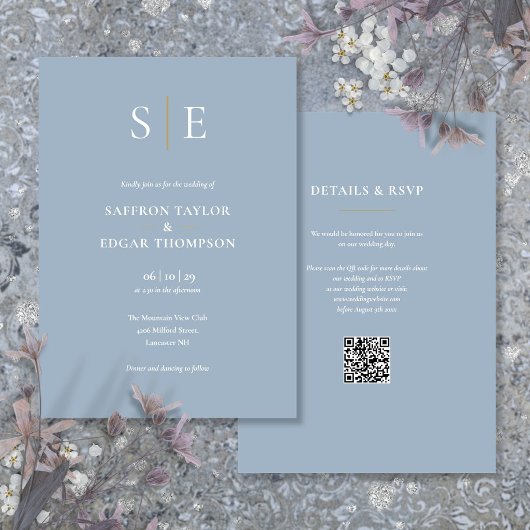 Invitation Mariage Code QR Bleu Poussiéreux Monogramme