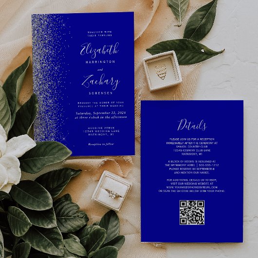 Invitation Mariage Code QR Bleu Royal Paillettes Argentées Mo