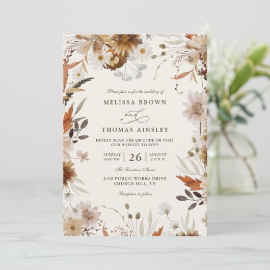 Invitation Mariage Code QR Bohème Automne Fleur Sauvage Beige (Debout devant)
