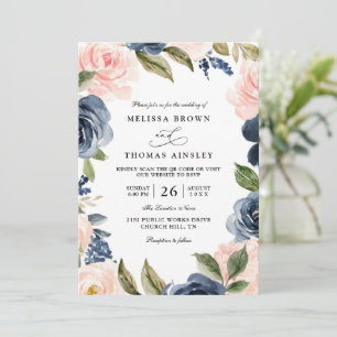 Invitation Mariage Code QR Bohème Rose Rose Pâle Bleu Nuit