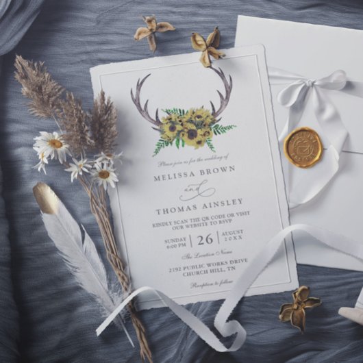Invitation Mariage Code QR Boho Tournesols Bois de Cerf Rusti