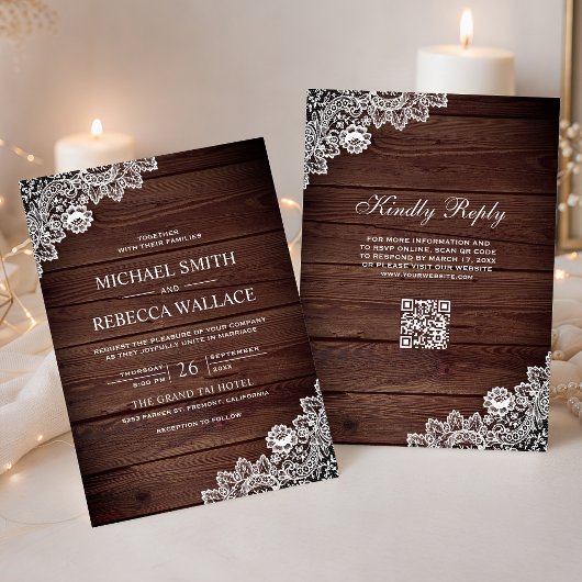 Invitation Mariage Code QR Bois de Grange Rustique Dentelle