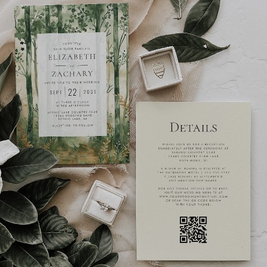 Invitation Mariage Code QR Bois Doré Vert Rustique
