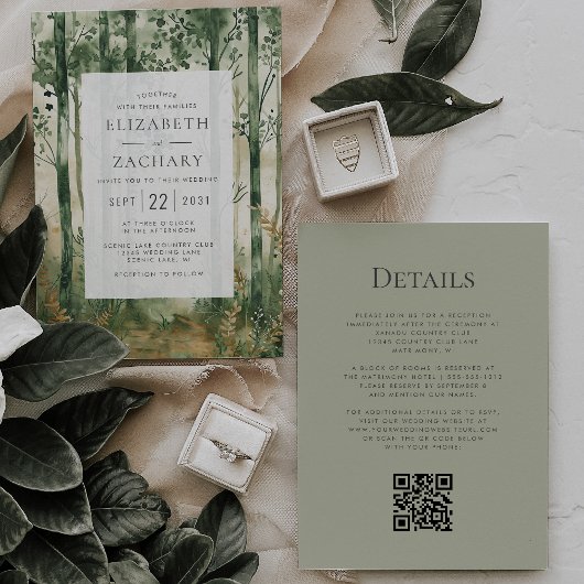 Invitation Mariage Code QR Bois Doré Vert Rustique