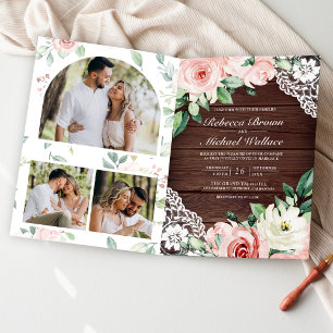 Invitation Mariage Code QR Bois Rustique Dentelle Florale Ros