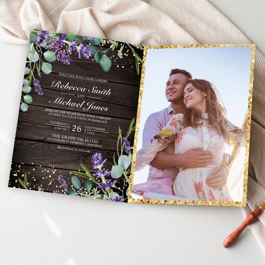 Invitation Mariage Code QR Bois Rustique Eucalyptus Lavande