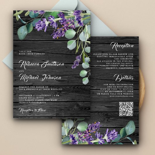 Invitation Mariage Code QR Bois Rustique Lavande Eucalyptus