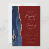Invitation Mariage Code QR Bordeaux Agate Or Bleu Marine (Devant)