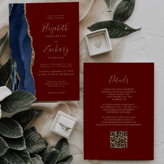 Invitation Mariage Code QR Bordeaux Agate Or Bleu Marine