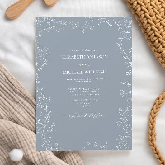 Invitation Mariage Code QR Botanique Bleu Poussiéreux