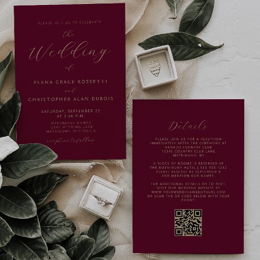Invitation Mariage Code QR Bourgogne Écriture Dorée Moderne