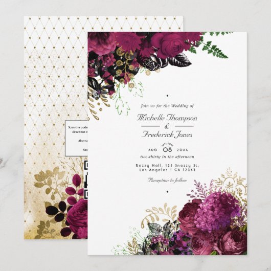 Invitation Mariage Code QR - Bourgogne & Or Vintage (Devant / Derrière)