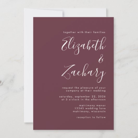 Invitation Mariage Code QR Bourgogne Script Moderne (Devant)