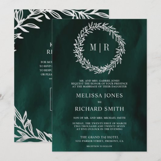 Invitation Mariage Code QR Branche de Feuille d'Argent Vert E (Devant / Derrière)