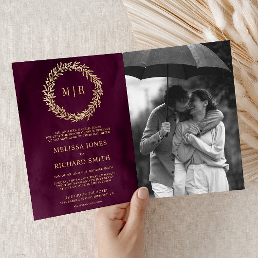 Invitation Mariage Code QR Branche de feuille d'or de prune