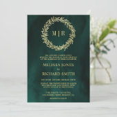 Invitation Mariage Code QR Branche de Feuille d'Or Vert Émera (Debout devant)
