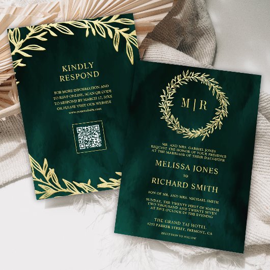 Invitation Mariage Code QR Branche de Feuille d'Or Vert Émera