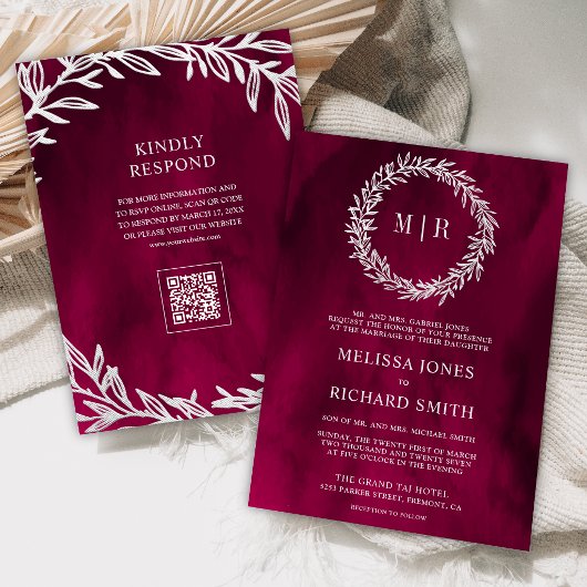 Invitation Mariage Code QR Branche Feuille Argent Rose Magent