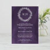 Invitation Mariage Code QR Branche Feuille Argent Violet Fonc (Debout devant)