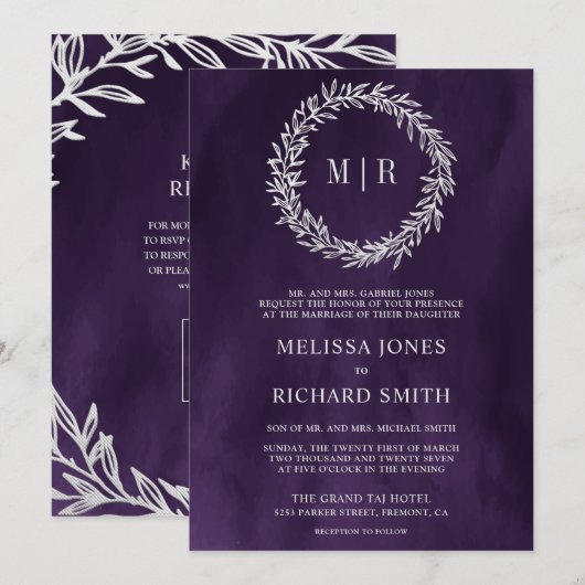 Invitation Mariage Code QR Branche Feuille Argent Violet Fonc (Devant / Derrière)