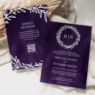 Invitation Mariage Code QR Branche Feuille Argent Violet Fonc