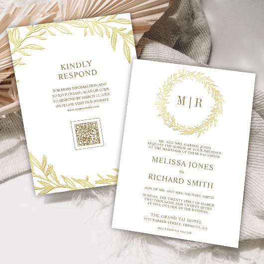 Invitation Mariage Code QR Branche Feuille d'Or Blanc