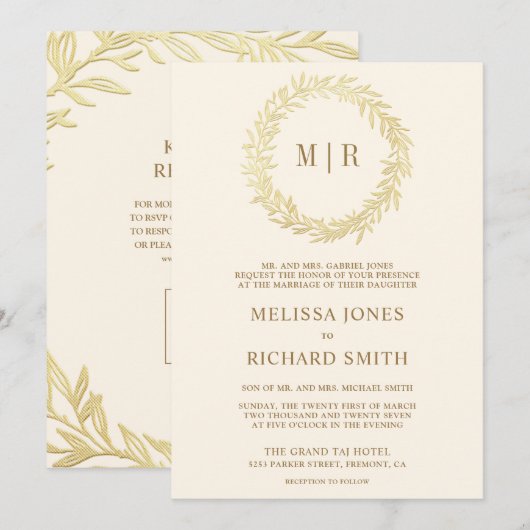 Invitation Mariage Code QR Branche Feuille d'Or Crème (Devant / Derrière)