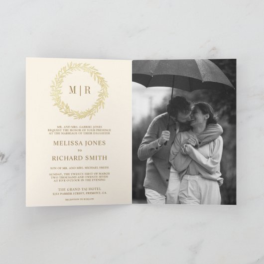 Invitation Mariage Code QR Branche Feuille d'Or Crème (Intérieur)