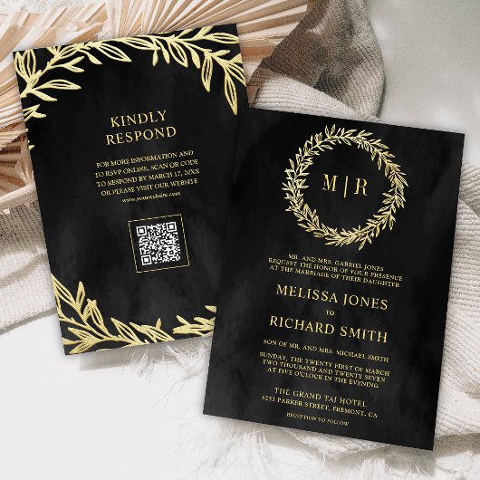 Invitation Mariage Code QR Branche Feuille d'Or Gris Charbon