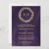 Invitation Mariage Code QR Branche Feuille d'Or Violet Foncé (Devant)