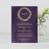 Invitation Mariage Code QR Branche Feuille d'Or Violet Foncé (Debout devant)