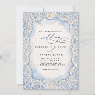 Invitation Mariage Code QR Broderie Ancienne Argent Bleu Pous