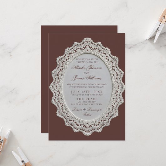 Invitation Mariage Code QR Broderie Anglaise Marron Chocolat  (Devant/Arrière en situation)