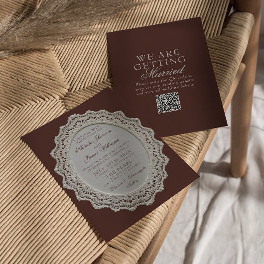 Invitation Mariage Code QR Broderie Anglaise Marron Chocolat