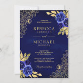 Invitation Mariage Code QR Broderie Dorée Fleurie Bleu Royal (Devant)